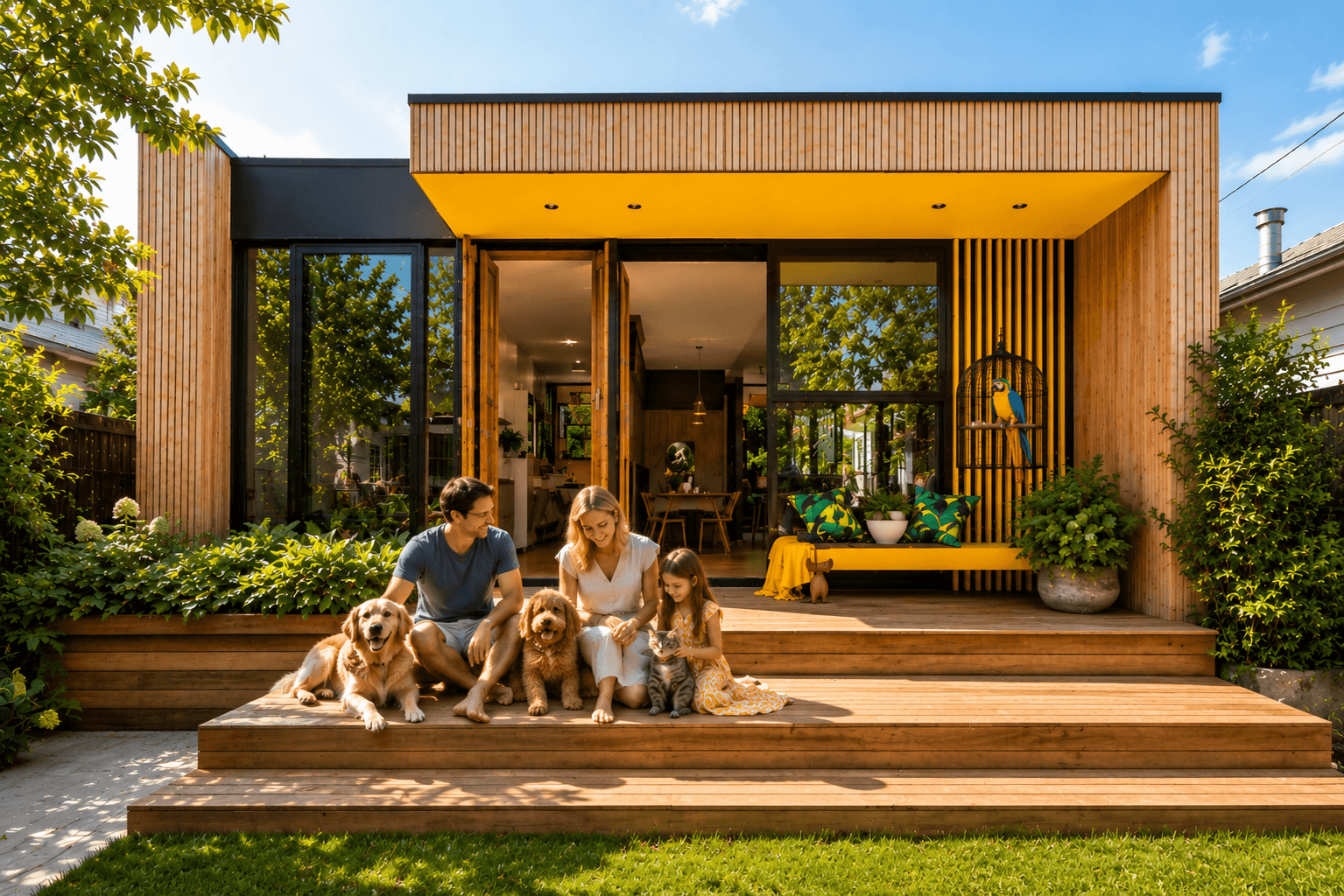 A family relaxing with their dogs at a pet-friendly home