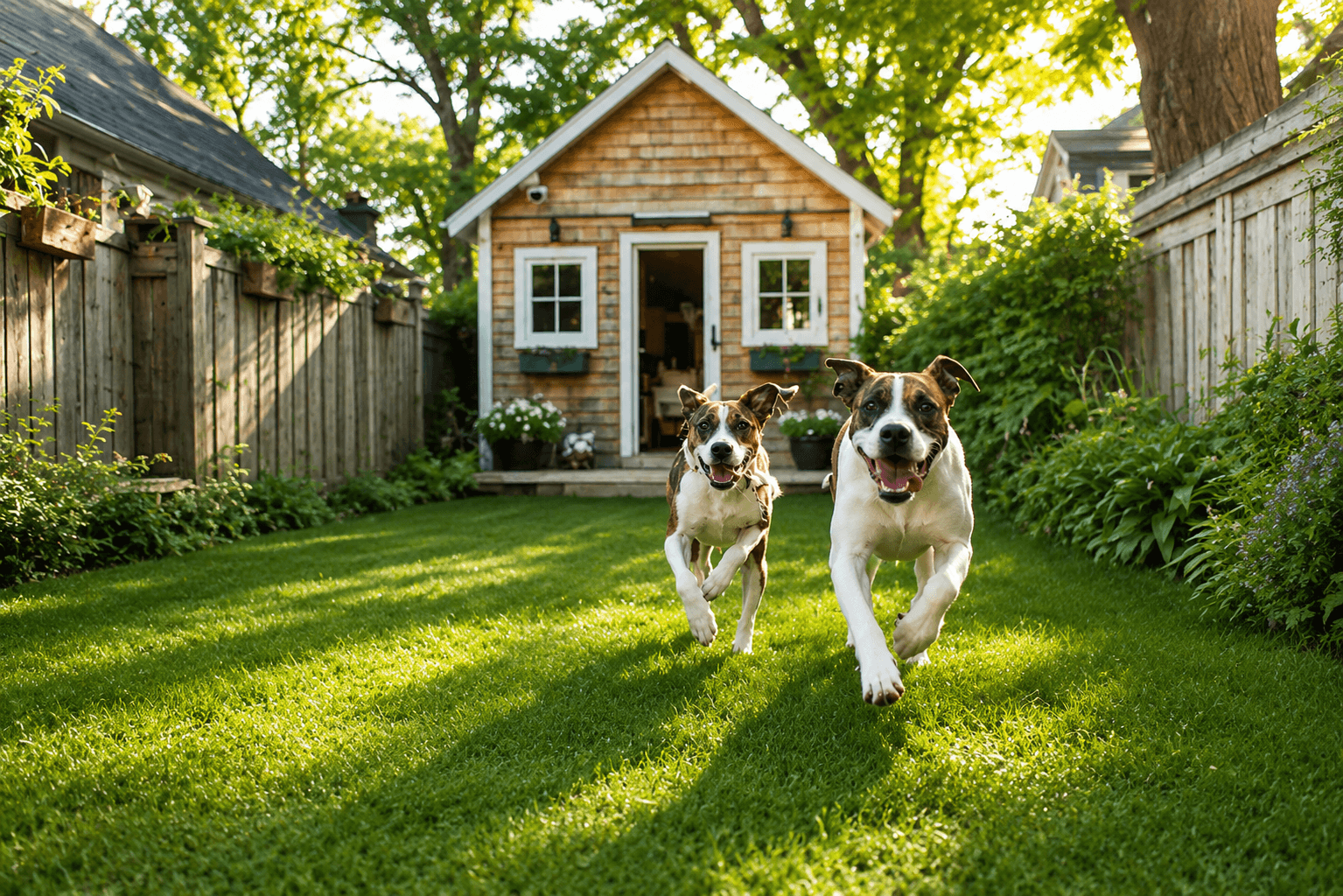 Two happy dogs running in a sunny garden by a pet-friendly home