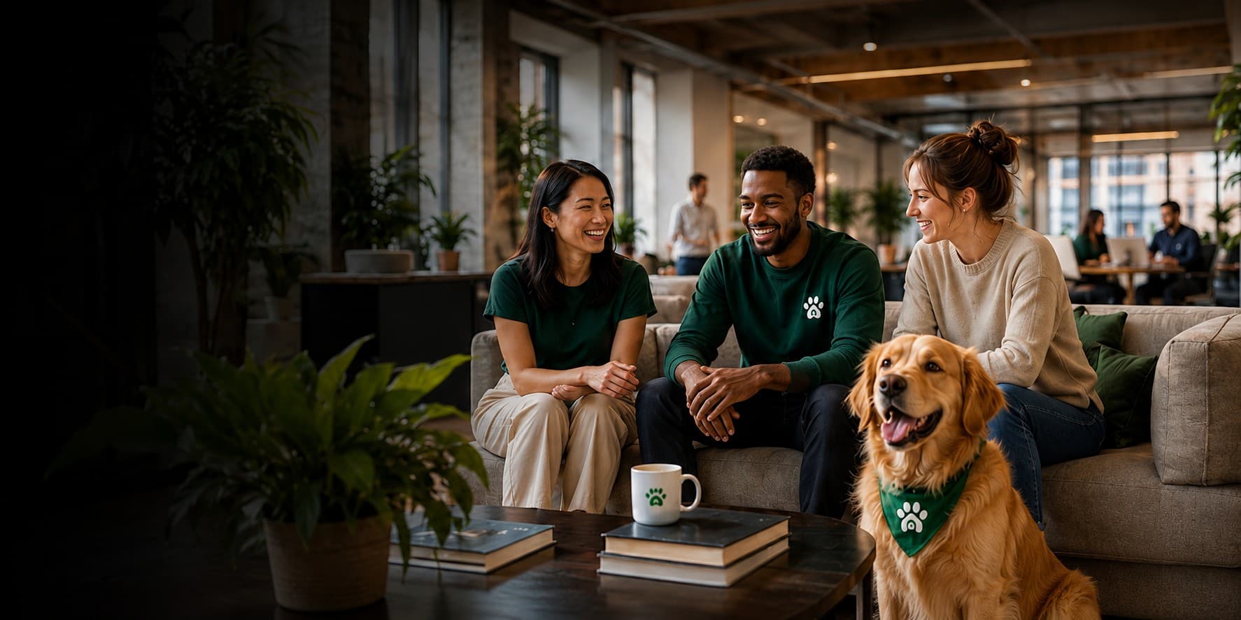 The PawHostly team working together in their studio, with a dog