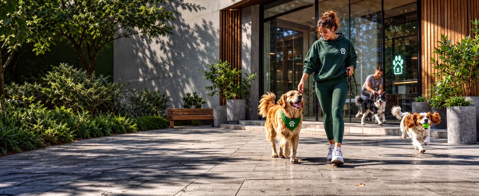 A verified caregiver walking a group of happy dogs at a pet-friendly space in golden light