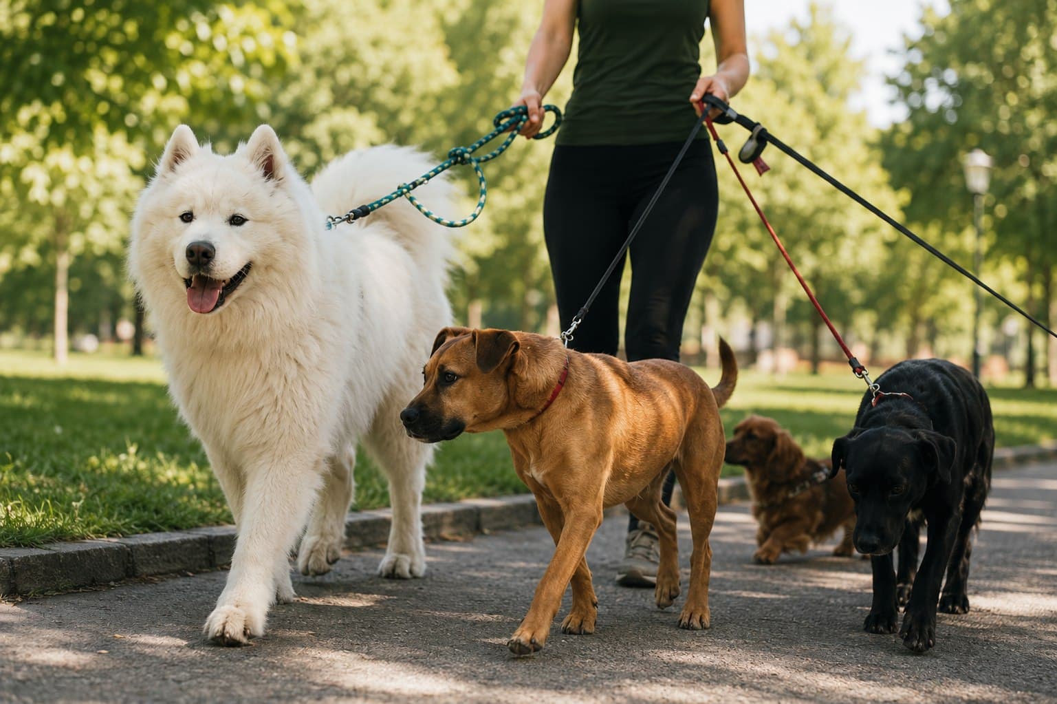 A professional pet-care provider walking a group of dogs in the park