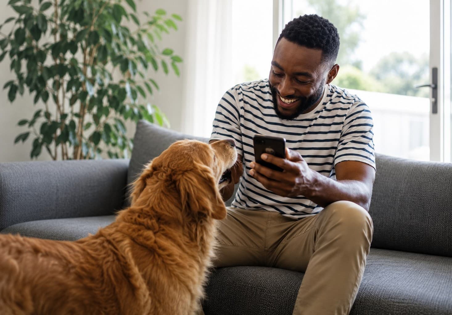 A trusted pet sitter at home spending time with a dog