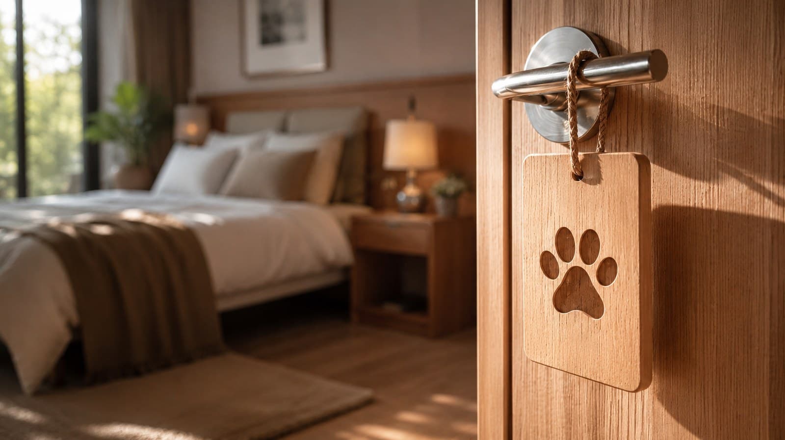 A calm, welcoming bedroom beside a pet-friendly door tag
